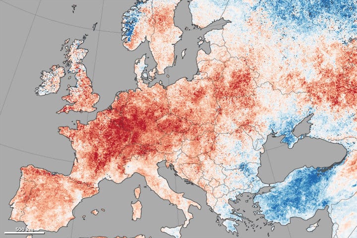 map of Europe, showing warm record